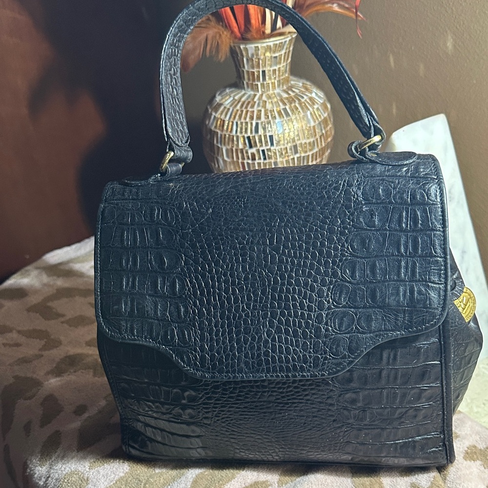 Brahmin Black Crocodile-Embossed Satchel